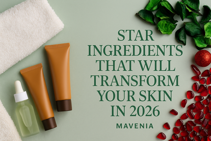 Skincare flat lay with text about star ingredients for 2026.